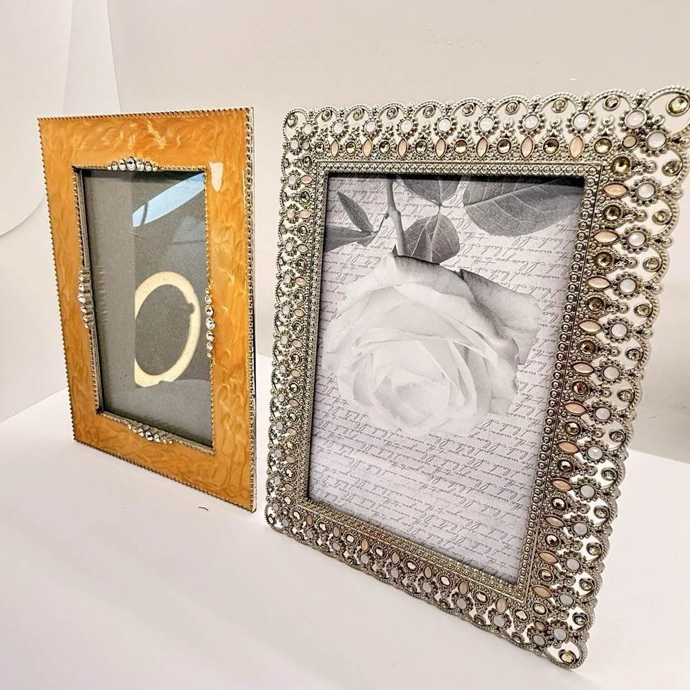 Pair Jeweled 4x6 Picture Frames Enamel Rhinestone Pearl Hollywood Regency